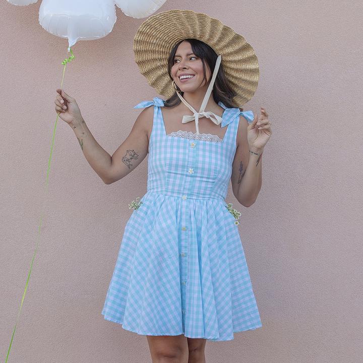 Baby Blue Gingham Tie Shoulder Dress by Miss Candyholic | Kei