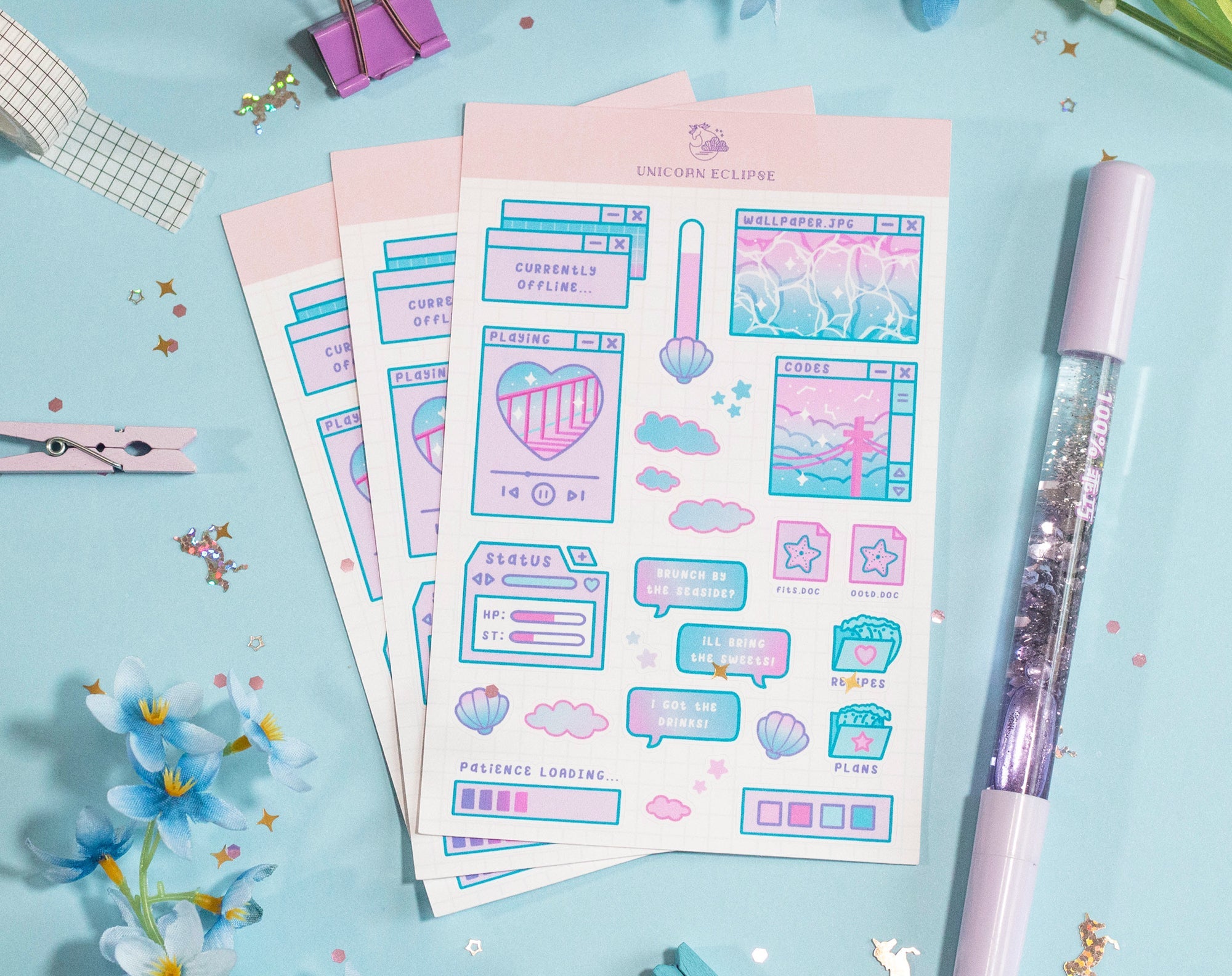 Blue Computer Aesthetic Sticker Sheet – Unicorn Eclipse