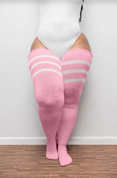 Short Pastel Pink & Stripes Thigh High Socks by Thunda Thighs